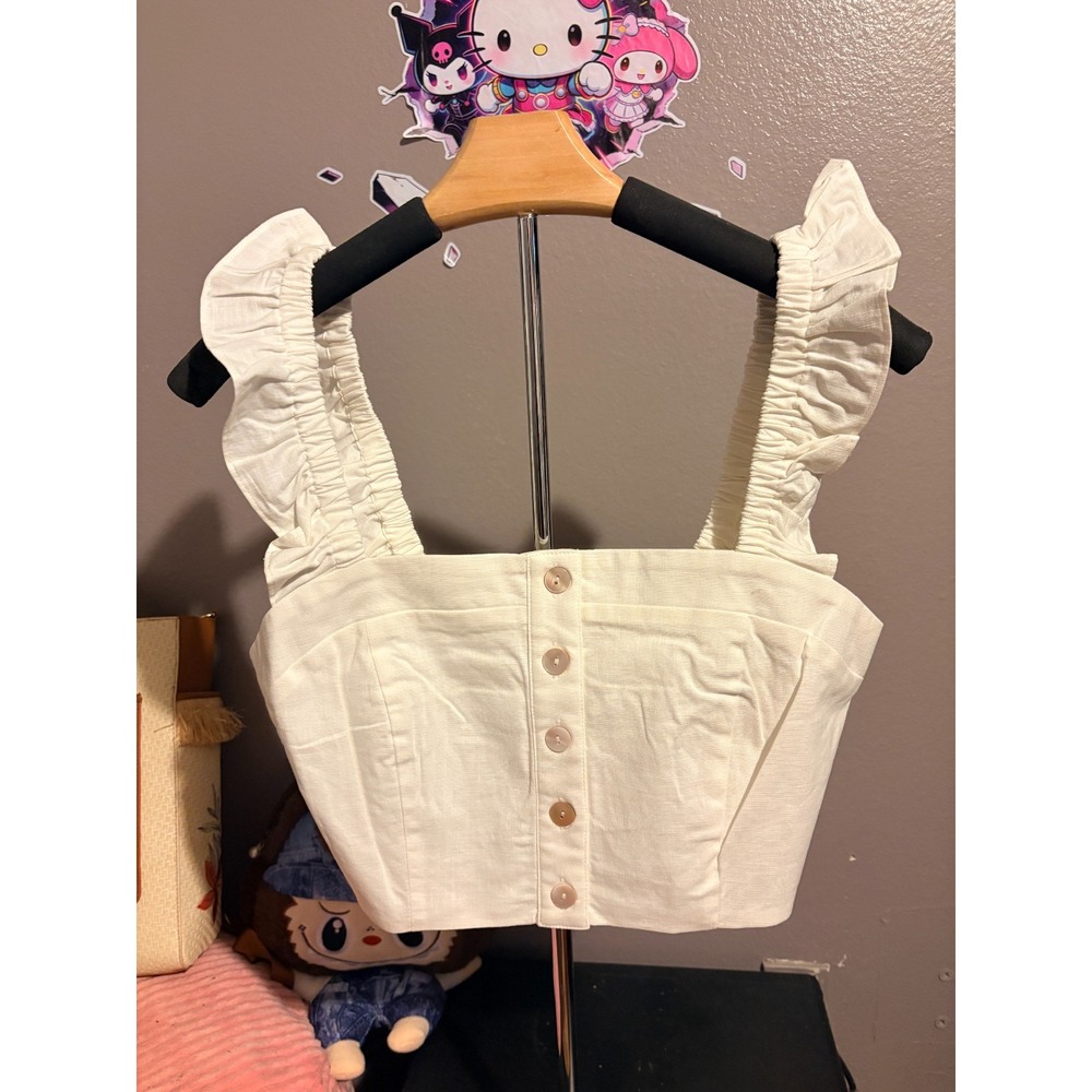 Choosy Cream Smocked Cropped Button Up Top Sz L